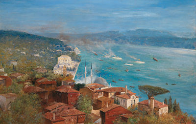 Max Friedrich Rabes : View of Istanbul with the Dolmabahçe Palace and the Artaköy Mosque