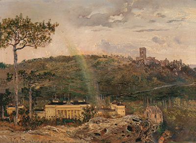 Anton Romako : The Weilburg near Baden with the Cholera Chapel, the Rauheneck Ruins in the Background, a Rainbow in the Foreground