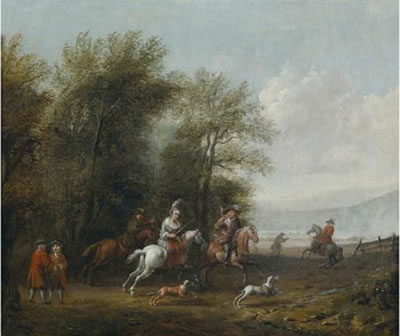 Cornelis Van Essen : Huntsmen setting out for coursing; Huntsmen and horsemen resting by a tavern, pendants, (2)