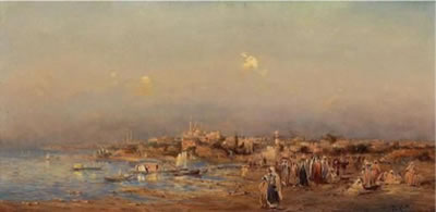 Robert Alott : Oriental Coastal Scene with Traders on the Shore