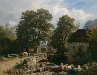 Johann Varrone : Washerwomen by the Entrance to a Village