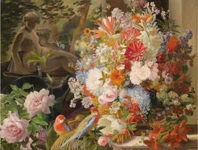 Leopold Stoll : Still Life with Flowers, set by the Schöner Brunnen with the Nymph Egeria, in the Park at Schönbrunn Palace