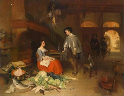 Hubertus Van Hove : Dutch Kitchen Interior with a Young Man in Conversation with a Young Lady, Large Still Life with Vegetables and Fish in the Foreground