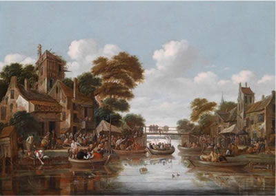 Thomas Heeremans : Dutch canal scenery with numerous figures in boats delighting in the public entertainment of „goose pulling'