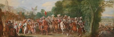 Adriaen I Nieulandt : Ceremonially attired women making music to welcome Charles V and his army during their triumphal entrance into the liberated city of Tunis