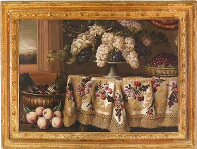 Antonio Gianlisi Jr : Still life with grapes on a table covered with a cloth embroidered with floral motifs, flanked by bundles of asparagus and peaches