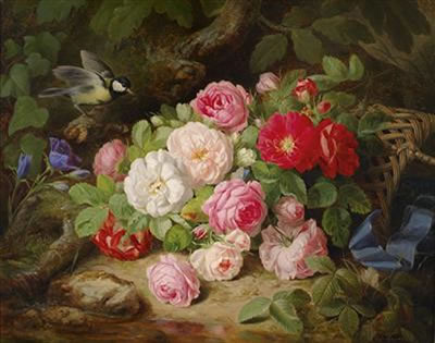 Josef Lauer : Bouquet of Roses on a Forest Floor with Bird, Butterfly and Basket with a Blue Ribbon