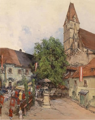 Otto Elsner : Marketplace in Weißenkirchen in the Wachau with Corpus Christi Procession