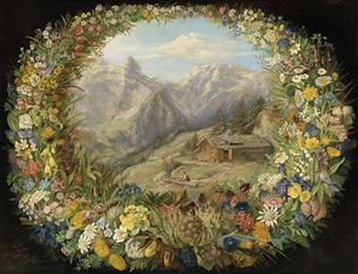 Anna Stainer-Knittel : View of an Alpine Landscape Surrounded by a Wreath of Flowers