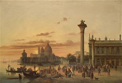 Josef Carl Berthold Puttner : Hustle and Bustle in St. Mark's Square, Venice with View of Punta della Dogana and Santa Maria della Salute