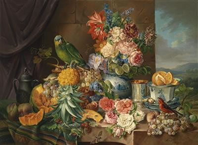 Josef Schuster : Large Still Life with Fruit, Flowers and Parrot