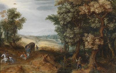 Mattheus Molanus : A wide landscape with an ambush by highwaymen