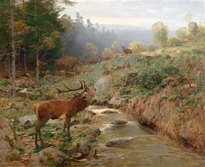 Christian Johann Kroner : Herd of red deer in a forest glade