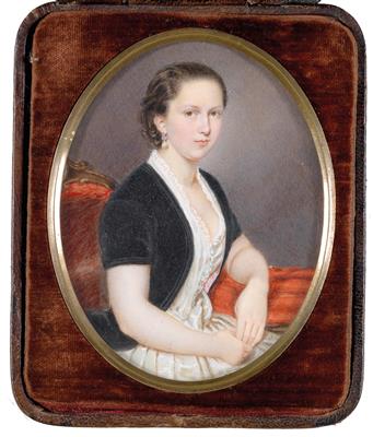 Patritius Kittner : A portrait of a young woman in a white silk dress and black jacket, seated in an armchair