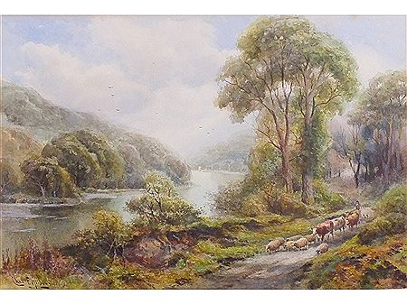 Charles Frederick Allbon : DRIVING SHEEP AND CATTLE ALONG A RIVERSIDE TRACK