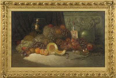 George William Whitaker : Still life with assorted fruit, wine bottle, and crockery