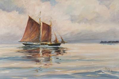 Marilyn Chace Schofield : A schooner under sail at sunset