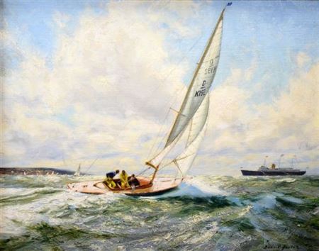 Deryck Arthur Foster : Duke of Edinburgh racing the Queen`s Dragon yacht D K192 'Blubottle' with Britannia in the background