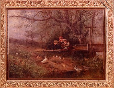 James Crawford Thom : Children Feeding Ducklings by a Footbridge