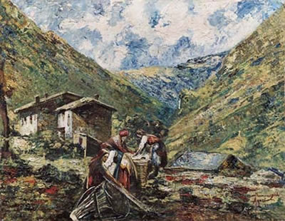 Ermenegildo Agazzi : Paesaggio montano con lavandaie