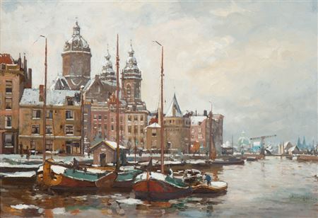 Dirk Johannes van Haaren : Winter view of the Sint Nicolaaskerk and Schreierstoren in Amsterdam