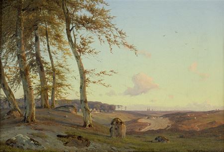 Frederik Carl Julius Kraft : Hügellandschaft bei Sonnenuntergang in Seeland, im Hintergrund der Dom von Roskilde.