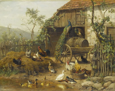 Carl Jutz I : Grosser Hühnerhof mit Pfau, Enten, Gänsen und Hühnern