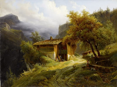 François Diday : Gebirgslandschaft mit Bauernhaus und Figurenstaffage