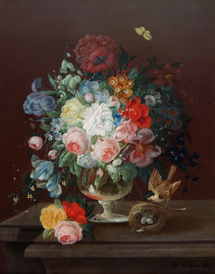 Eduard Wuger : Grosses Blumenbouquet in einer Glasvase mit Vogel und Vogelnest