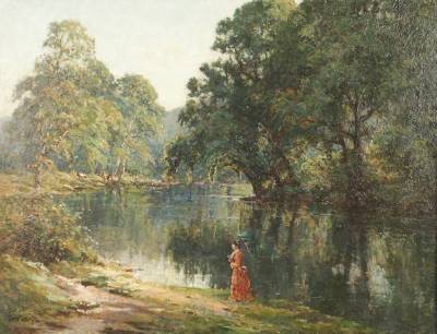 Thomas Clough : Woman Strolling by a Pond