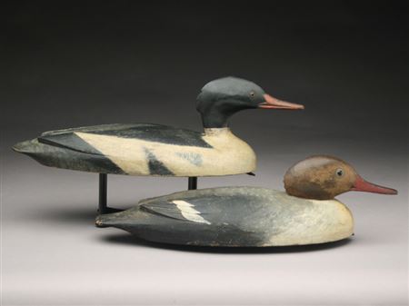 D K Nichol : Extremely rare hollow carved pair of American mergansers