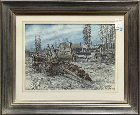 W Lee Symmonds : Old Wagon and Farm in Winter