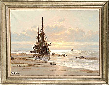 Otto Neutschmann : Fishing boat at atmospheric evening light on beach