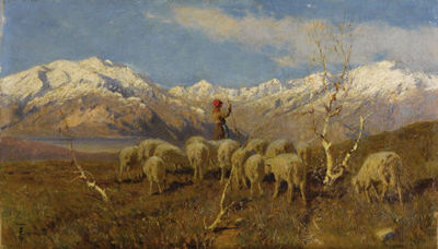 Achille Tominetti : A Herder and Flock Grazing in the Alps