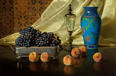 Edward Chalmers Leavitt : Still Life with Peaches and Grapes in a Silver Dish