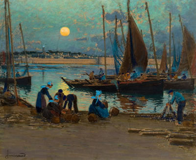 Mathurin Janssaud : Moonrise Over the Port, Concarneau