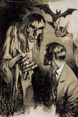 Edd Cartier : Confronting the Witch, pulp magazine interior story illustration