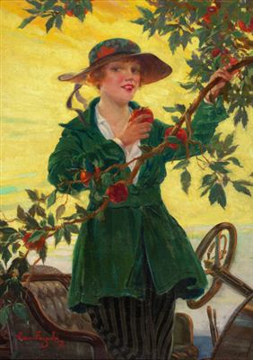 Vincent Lynch : Young Woman Picking an Apple, possible cover for car magazine