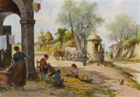 Aldo Affortunati : Village Scene with Children Shucking Corn