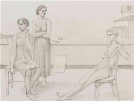 Alan Feltus : Figures on the Terrace, 1985 (acompanied by a study for the painting in pencil on paper)