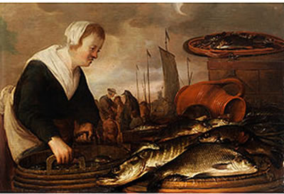 Pieter Putter : FISCHERSFRAU MIT GROSSEM FISCHBOTTICH UND AUSGELEGTEN FISCHEN NEBEN TONKRUG UND FISCHKASTEN