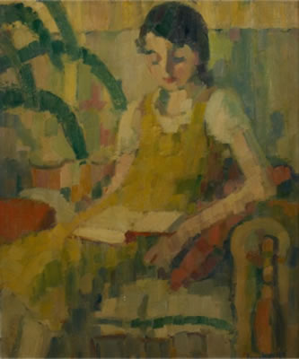 Charles Counhaye : Jeune fille à la lecture (couleurs fauves).