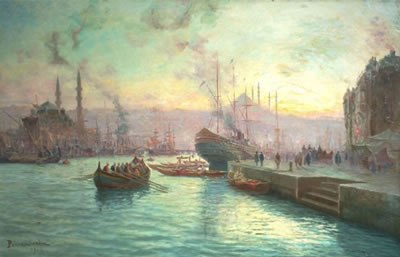 François Leon Prieur-Bardin : Crépuscule sur le Bosphore, à l`entrée de la Corne d`Or à Istanbul.