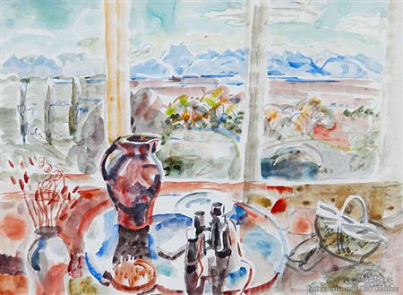 Olivia Orme Spencer Bower : Still Life with Jug and Distant Landscape Through Window