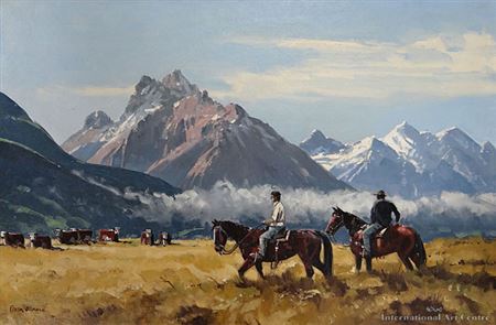 Peter Beadle : Musterers on the Routeburn Station with the Humbolt Mountains in the Distance