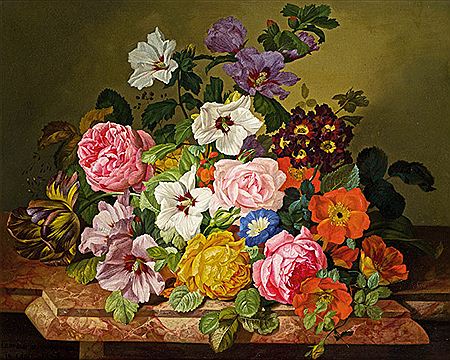 Leopold Zinnoger : Stillleben mit Rosen, Malven, Primel und Tulpe