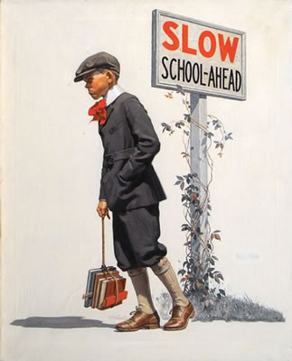 George Brehm : Boy trudging on the way to school. 	Magazine cover, Saturday Evening Post, September 5, 1925