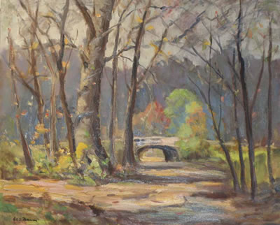 George C Baum : Landscape w/Bridge and Stream