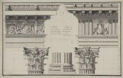 Jean Charles Delafosse : Profils corinthiens du Temple de Jérusalem et du temple de Néron à Rome, avec corniches, bases de colonne et chapiteaux