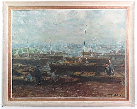 William Mason : Sailing boats at sea and people working on boats along the shore